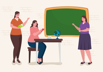 Wall Mural - group women teacher in classroom with supplies education vector illustration design
