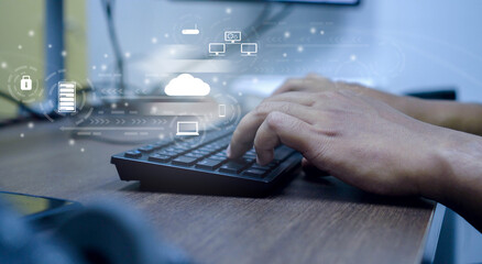 Wall Mural - close up computer programmer man hand typing on keyboard for transfer or synch data upload and download from cloud computing with virtual interface in operation room, technology business concept