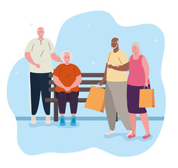 Wall Mural - cute old people with chair park and bags shopping vector illustration design