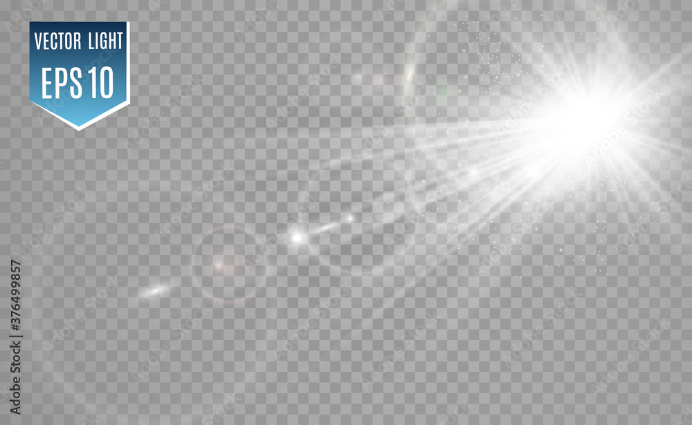 Special lens flash, light effect. The flash flashes rays and searchlight. illust.White glowing light. Beautiful star Light from the rays. The sun is backlit. Bright beautiful star. Sunlight. Glare. - obrazy, fototapety, plakaty 