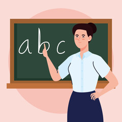 Poster - woman teacher with chalkboard in classroom vector illustration design