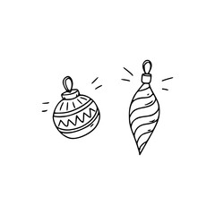 A set of two Christmas toys for the tree. Various shapes. Festive winter concept. Doodle style. Vector illustration on isolated background. For printing on fabric, postcards, web.