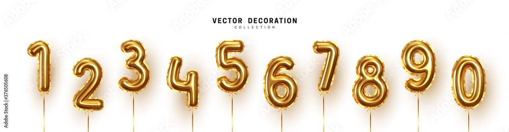 Golden Number Balloons 0 to 9. Foil and latex balloons. Helium ballons. Party, birthday, celebrate anniversary and wedding. Realistic design elements. Festive set isolated. vector illustration. - obrazy, fototapety, plakaty 