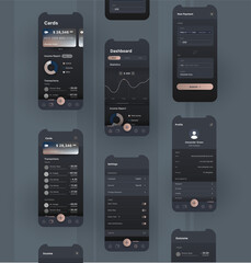 User interface design for e wallet or online banking application, modern dark layout with charts, transitions and bank account cards