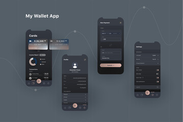 My wallet mobile application screens layout, user interface of cards, profile and setting with new payment popup, dark colour scheme