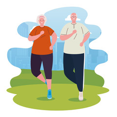 Poster - cute old couple running outdoor, sport and exercise concept vector illustration design