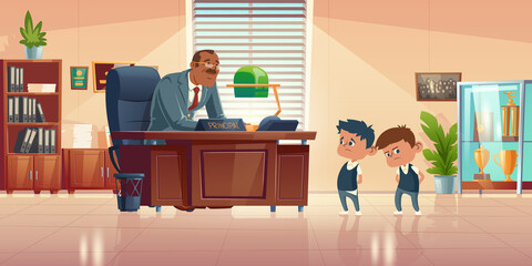 Teacher meeting with kids in principals office. Vector cartoon illustration of kind man school headmaster talk with two guilty boys. Administration cabinet with director and students