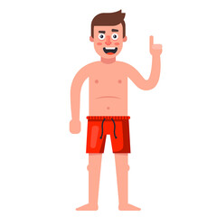 white man in red shorts. flat character vector illustration isolated on white background.