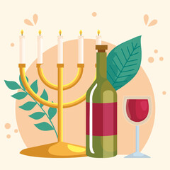 Sticker - rosh hashanah celebration, jewish new year, with wine and chandelier vector illustration design