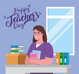 Poster - happy teachers day, with woman teacher in desk and books vector illustration design