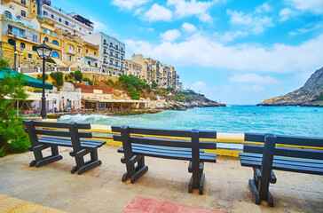 Poster - Benches at the end of the harbour, Xlendi, Gozo, Malta