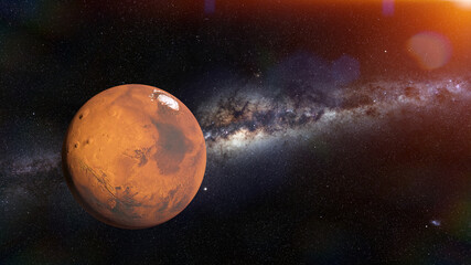 Wall Mural - mars, the red planet of the solar system in front of the milky way