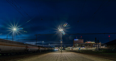 Presov station in blue sky evening with night train from Presov to Bratislava