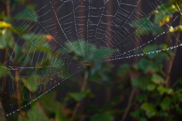 Wall Mural - The web is woven by a spider. From the fog the cobweb is wet. Selective focus. Dark background.