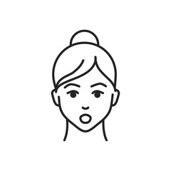 Human feeling astonishment line black icon. Face of a young girl depicting emotion sketch element. Cute character on white background.