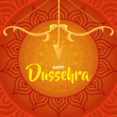 Poster - happy dussehra festival with golden arch and arrow in orange background vector illustration design