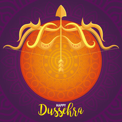 Poster - happy dussehra festival with golden arrow in purple and orange background vector illustration design