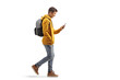 Full length profile shot of a male teenage student walking and looking at a mobile phone
