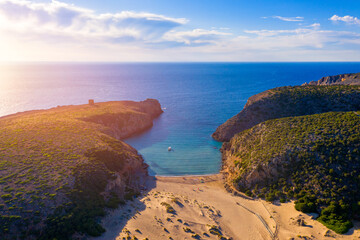 Cala Domestica beach, Sardinia, Italy. Sardinia is the second largest island in mediterranean sea. Sardinia, Cala Domestica beach, Italy. Beach Cala Domestica, Sardegna, Italy.