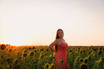 a young beautiful girl in a red dress with white polka dots walks in a sunflower field. sunset in the field.