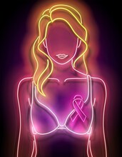 Vintage Glow Signboard With Woman Figure In Lingerie And Pink Ribbon. Breast Cancer Awareness Month. Neon Poster, Flyer, Banner, Postcard, Invitation. Glossy Background. Vector 3d Illustration