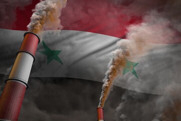 syrian arab republic pollution fight concept - two big industrial chimneys with dense smoke on flag 