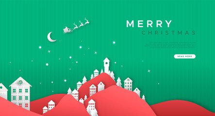 Wall Mural - Merry Christmas paper cut village web template