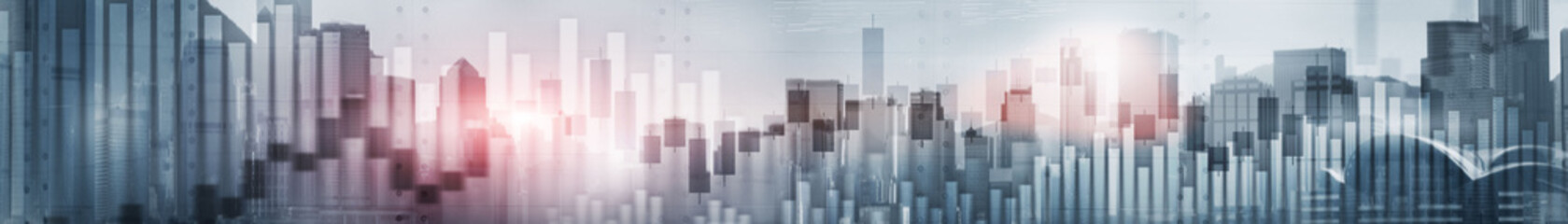 Wall Mural - Candlestick chart with downtown Hong Kong cityscape skyscrapers. Panoramic Website Banner.