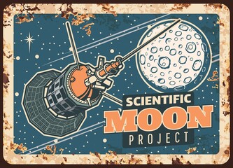 Wall Mural - moon scientific project vector rusty metal plate. satellite research lunar orbit vintage rust tin si