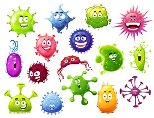 Wall Mural - Cartoon viruses, vector cute bacteria and germs characters with funny faces. Smiling pathogen microbe monsters with big eyes, colorful cells with teeth and tongues, coronavirus isolated icons set
