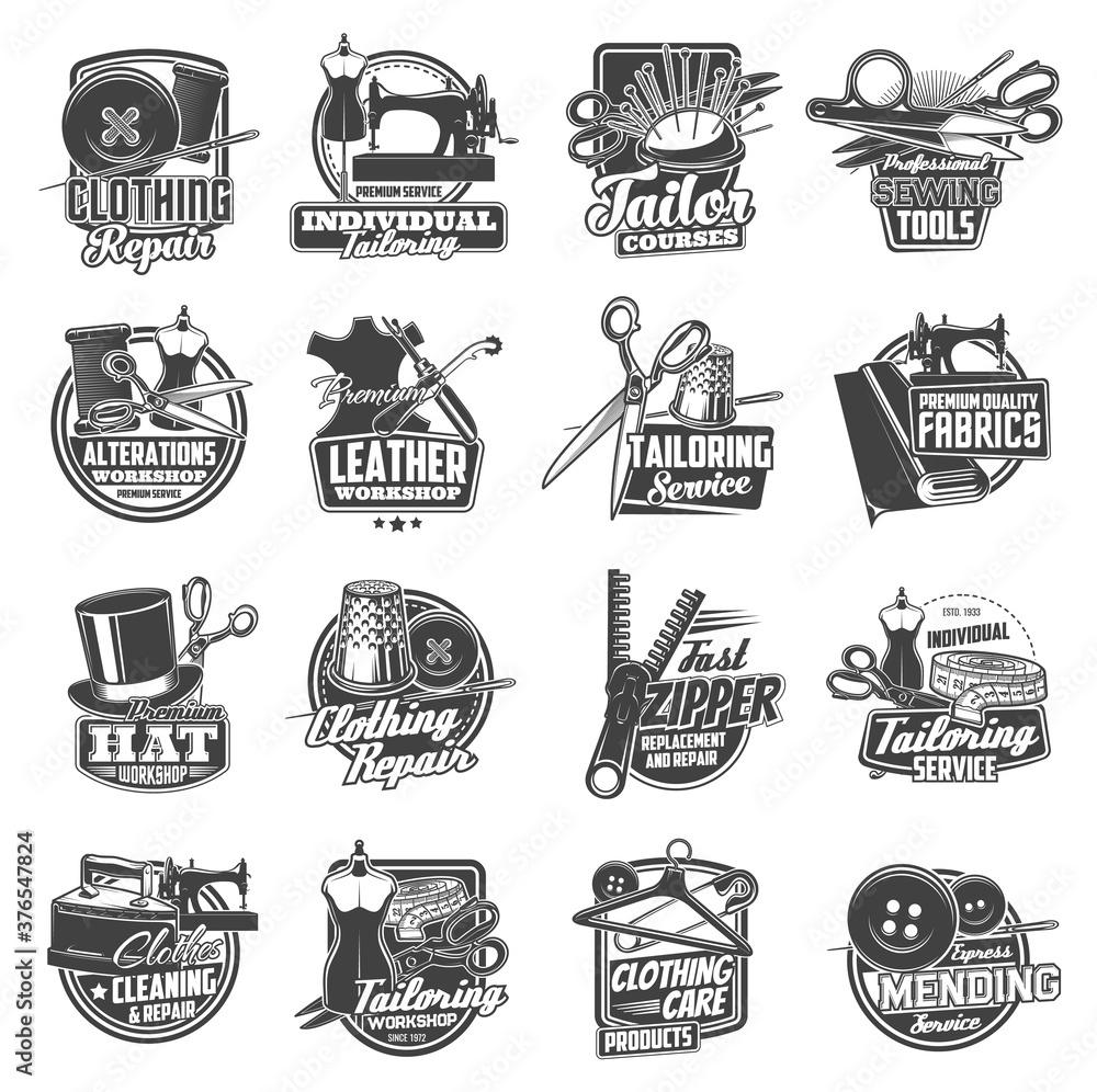 Sewing and tailor icons, atelier and dressmaker shop vector labels ...