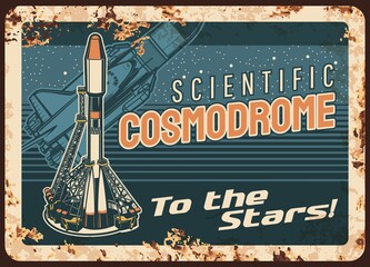 Wall Mural - science cosmodrome vector rusty metal plate. missile take off spaceport, rocket booster with shuttle