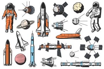 space and astronomy icons vector set. astronaut in spacesuit, space shuttle carrier and orbiter, art