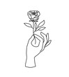 Vector female hand logo, icon in minimal linear style. Emblem design template with hand gesture holding rose flower for cosmetics, manicure, beauty, tattoo, spa, jewelry