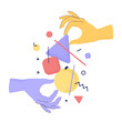 © Eireen - Vector illustration of cartoon human hands holding abstract geometric elements with trendy grain textured shadow. Concept of idea, solution, research, cooperation, business. Isolated background