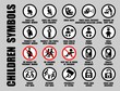 Full vector set of black ISO icons with children symbols, isolated on white. Prohibition and allowed signs with baby, child, kid, infant pictograms