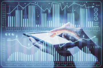 Double exposure of forex chart sketch hologram and woman holding and using a mobile device. Financial market concept.