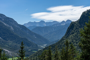 Wall Mural - view on wetterstein mountains and leutasch valley from ederkanzel guest court restaurant in summer