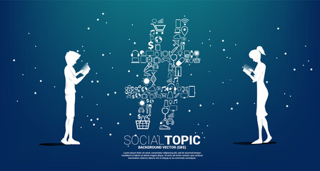 Silhouette of man and woman use mobile phone and Hash tag from icon . background concept for social topic and news.
