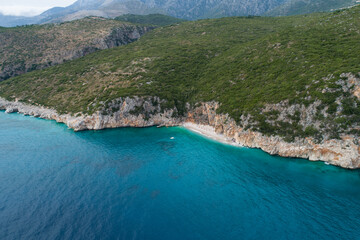 Wall Mural - Drone view of a private beach in Albanian coast