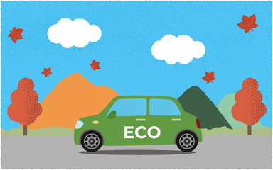  秋、山沿いの道を進む緑のエコカーのベクターイラスト