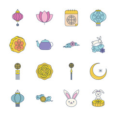 Sticker - mid autumn and lotus flower icon set, line fill style