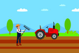 Fototapeta Sport - Agriculture vector concept: Farmer holding a rake with a tractor background at farmland