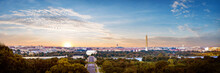 Panorama View Of Washington DC Skyline When Sunset Seen From Arlington Cemetery, Washington DC, USA.