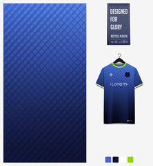 Fabric textile design in Blue gradient geometry shape pattern for soccer jersey, football kit, baseball uniform or sports shirt. T-shirt mockup template. Abstract background. Vector.