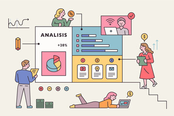 Wall Mural - a business web page is floating and people around you are doing research. flat design style minimal 