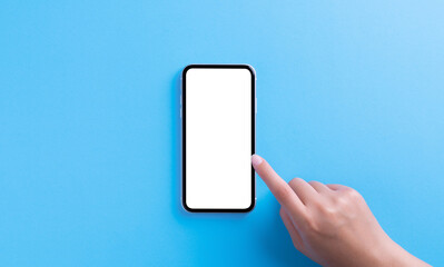 Poster - hand touching on phone white screen on blue background clipping path inside