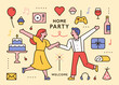 © MINIWIDE - Home party. Dancing couples and party icons set. flat design style minimal vector illustration.