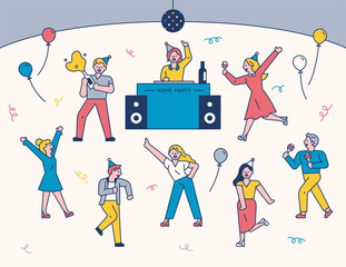 Wall Mural - People dancing with the DJ on the stage. flat design style minimal vector illustration.