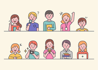 cute children are sitting at the desk and doing various poses. flat design style minimal vector illu